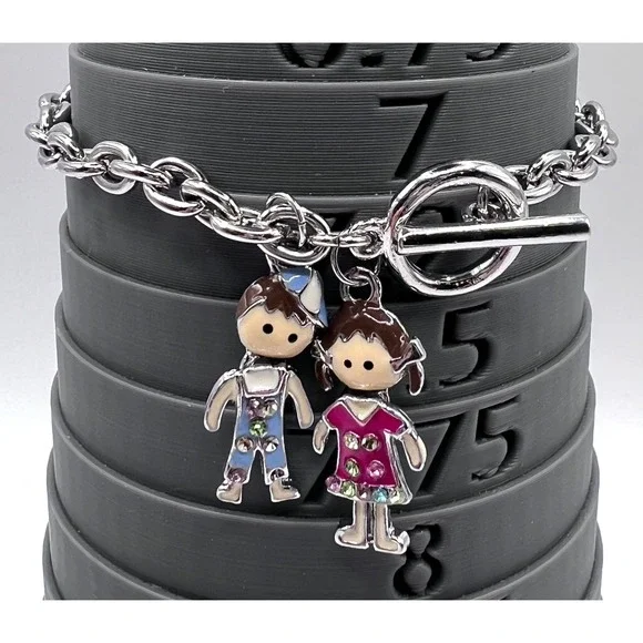 Articulated Boy & Girl Charm Bracelet Silver Tone 8" Toggle Closure - Picture 5 of 5